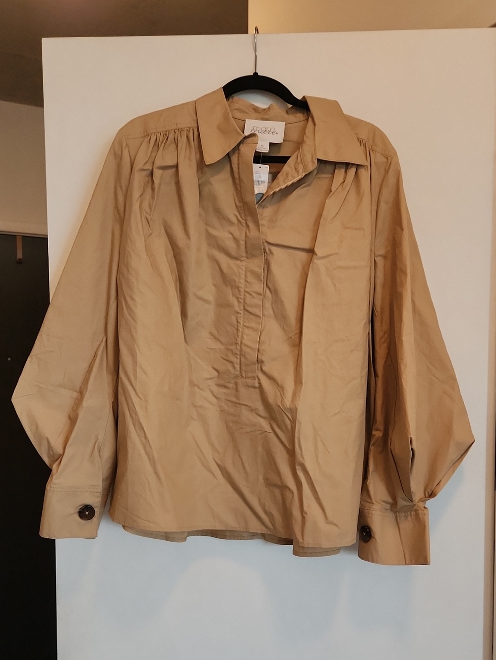Anthropologie Relaxed Tan Poplin Blouse with Buttoned Cuffs